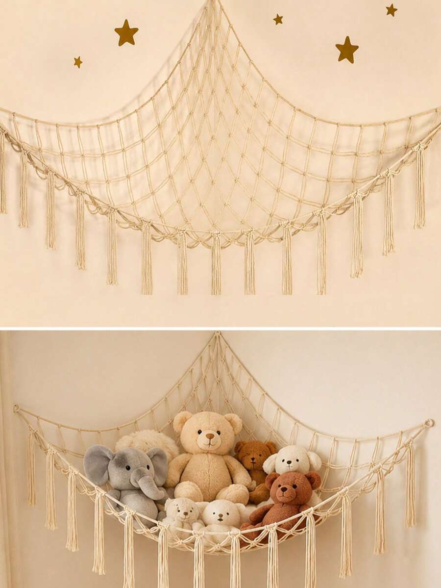 1pc Decorative Plush Doll Storage Corner Hanging Net Hammock, Mesh Hammock Fabric Storage Rack With Hooks, Suitable For Bedroom, Plush Doll Storage Hammock Net - Plush Doll Corner Decorative Hammock Net - Hanging Plush Doll Storage Rack, Large Room Decor, Bohemian Style Plush Doll Net Or Large Hammock - Multicolor - View 1