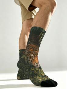 1 Pair Vintage Forest Jungle Tiger & Green Plant Illustration All-Over Print Mid-Calf Socks, Unisex Couple Socks For Travel, Black Reinforced Wear-Resistant Toe, Breathable Skin-Friendly High Elastic, Suitable For Denim Shorts, Cargo Pants, Dress Pants, Loafers, Slippers, Casual Commute Campus Student Socks, Beach Vacation Outfit, Outdoor Outing, Summer Party Gift, Random Print Position - Multicolor - View 3