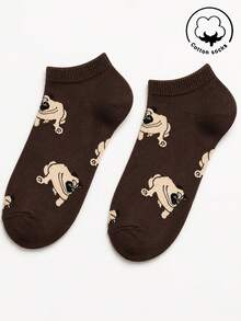 1/2 Pairs Women's Fun Cartoon Pug Cotton Socks, Soft Breathable Low-Cut Cotton Socks For Spring/Summer, Suitable For Dog Lovers, Outdoor Wear, Gift-Giving, Back To School Season - Brown - View 5