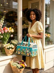 1pc Floral Bus Travel Storage Bag, Foldable Storage Bag, Multi-Functional Storage Bag, Butterfly Floral Bus Pattern Design, Simple And Fashionable. Large Capacity Tote Bag Style, Suitable For Outdoor, Travel, Gym, Dorm Storage, Holiday Gift, Travel Bag, Toiletry Bag, Makeup Bag, Travel Essential, Back To School, Halloween, Gift Essential, Home Storage Essential - Multicolor - View 7