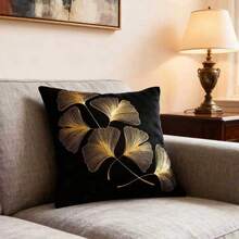 Funda de cojín con estampado de hojas de ginkgo dorado metálico sin relleno - Negro - Ver 4