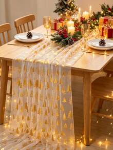1pc Gold Christmas Tree Pattern Table Runner, Christmas Mesh Table Runner, Christmas Table Decoration, Home Decor, Kitchen Decor, Christmas Tablecloth Decoration, Christmas Party Supplies, Christmas Decoration Supplies, Christmas Baby Shower Decoration - Christmas Tree - View 3