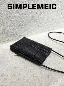 Women's Fashion Faux Woven Hollow Out Solid Color Phone Bag, Lightweight Vacation Beach Crossbody Bag - Black - View 4
