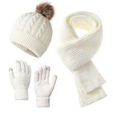 3pcs Winter 2025 New Women's Thermal Lined Cable Knit Pom Pom Hat & Scarf Set, Outdoor Cycling Warm 3 Pieces Set Unisex Solid Color - Multicolor - View 5