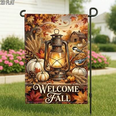 1 pieza Bandera de jardín plana 2D para exteriores, farol de otoño, calabaza, hoja de arce, marrón, naranja, bienvenida, bandera de jardín, decoración de porche, adecuada para jardín, decoración de patio exterior, mástil de bandera no incluido, impresión de un solo lado