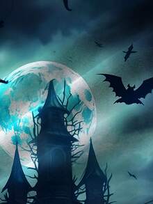 Halloween Pumpkin Castle & Bat Print Men's Plus Size Button-Up Short Sleeve Holiday Shirt - Cadet Blue - View 6