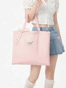 Vintage Striped Canvas Tote Bag, Large Capacity Versatile Striped Shoulder Bag, Suitable For Women's Daily Outings, Shopping And Beach Vacation - Multicolor - View 8