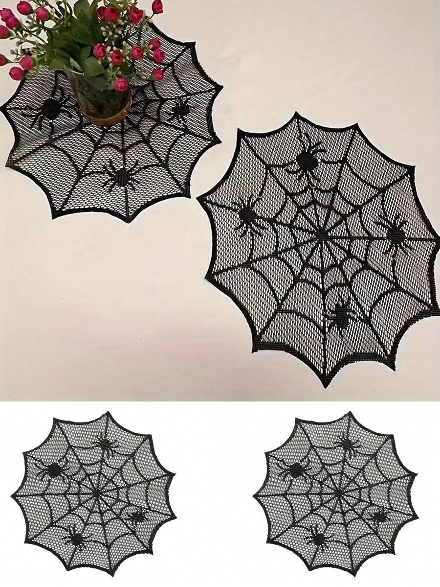 1pc Halloween Black Lace Spider Web Round Placemat, Polyester Knitted Waterproof Table Mat, Perfect For Spider Theme Western Dining, Heat-Resistant Non-Slip Table Mat, Restaurant Kitchen Home Dining Table Decor, Halloween Ghost Party Gathering Dinner Table Arrangement, Fireplace Decor, Holiday Photography Props, Holiday Gift - Multi-color - View 1