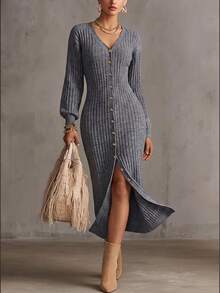 كارديجان محبوك طويل بأزرار من SEREN Fashion للنساء، كنزة صوفية بياقة V مضلعة بطراز عتيق، مناسبة لإطلالات أنيقة في الخريف/الشتاء - رمادي - مشاهدة 3