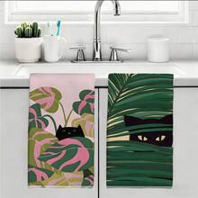 2PCS Kitchen Towels With Tropical Plants And Black Cat Pattern Print, 40*60cm Simple Style Rectangular Microfiber Kitchen Towels, Dish Cloths, Tablecloths, Hand Towels, Kitchen Decor, Housewarming Gifts For Neighbors, Perfect For Kitchen And Bathroom Use, Suitable For Housewives And Family Gatherings, High Cost-Performance, Home Essential - Multicolor - View 11