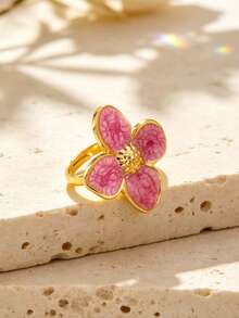 1 buah Cincin Tunggal Wanita Elegan Bergaya Stainless Steel dengan Motif Daun Semanggi, Cocok untuk Kencan/Liburan - Yellow Gold - View 10