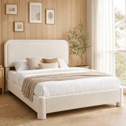 Sweetcrispy Bed Frame With Headboard, Luxurious Teddy Boucle Platform Bed, Soft Rounded Corners, No Box Spring Required, Non-Slip And Noise-Free, Easy Assembly, White