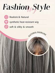 Topshe Ava WIGS 18英吋黑棕色長層次瀏海假髮，柔軟易打理合成纖維髮，適合女性日常配戴、上班、度假，亦適合作為萬聖節、聖誕節女性禮物 - 灰色 - 查看 7