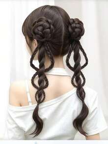 Women's Handmade Japanese Style Braided Hair Clip Twin Ponytail Wig, Natural Fluffy Lively Realistic Hair, New Chinese Style Long Braid - Black - View 11