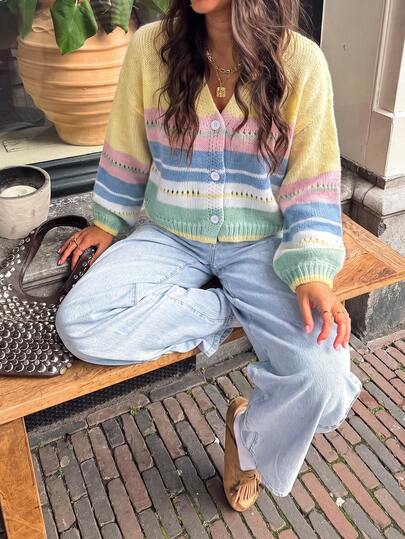 SEREN New Autumn/Winter V-Neck Striped Color-Block Knit Cardigan, Loose, Casual, Retro, Women's Sweater Jacket, Y2K Top