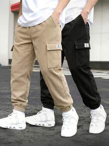 2pcs/Set Tween Boys' Spring/Autumn Fine Corduroy Fabric Cargo Jogger Pants, Classic Dual-Color Combination With Cargo Pockets And Logo Label, Casual Everyday Versatile Long Pants - Multicolor - View 3