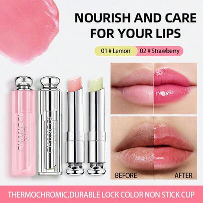 [Traveler-3g | #01 Limón & #02 Fresa Tono Frío] Brillo Labial, Lápiz Labial Hidratante de 48 Horas - Color Activado por PH, Nuevos Tonos Fríos & Cálidos, Exfolia y Atenúa las Líneas de los Labios