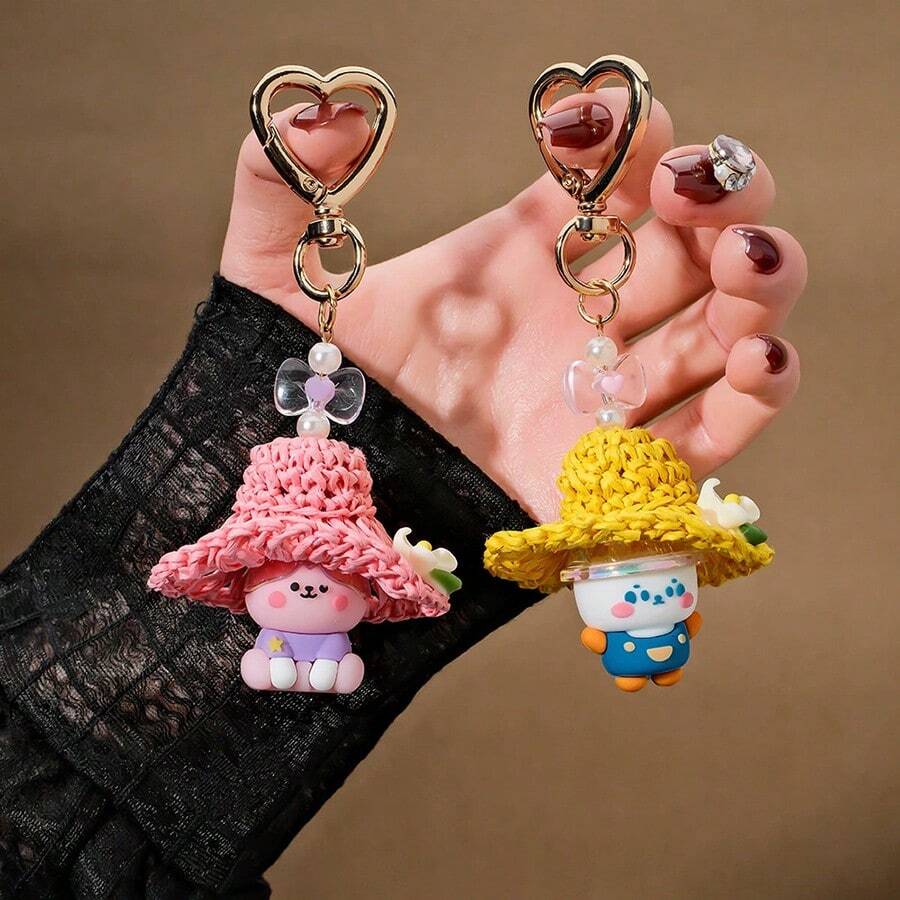 1pc Cartoon Cute Bear Keychain Pendant Woven Straw Hat Decorative Bag Pendant Mobile Phone Hanger Suitable For Girls' Gifts