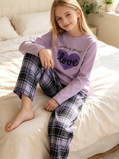 This Stylish And Elegant Home Casual Set Is Suitable For Teenage Girls, Including A Purple Long-Sleeve Crew Neck Top With A Heart Letter Pattern And Plaid Pants. Suitable For Girls To Wear In Spring And Autumn, It Can Also Be Given As A Gift.