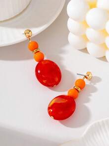Anting Panjang Manik-Manik Oval Bertekstur Warna Oranye-Merah - Merah jingga - View 8
