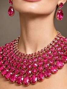 3pcs/Set Fashionable Elegant Geometric Rhinestone Necklace & Earrings Jewelry Set, Suitable For Wedding, Banquet, Party - Multicolor 2 - View 1