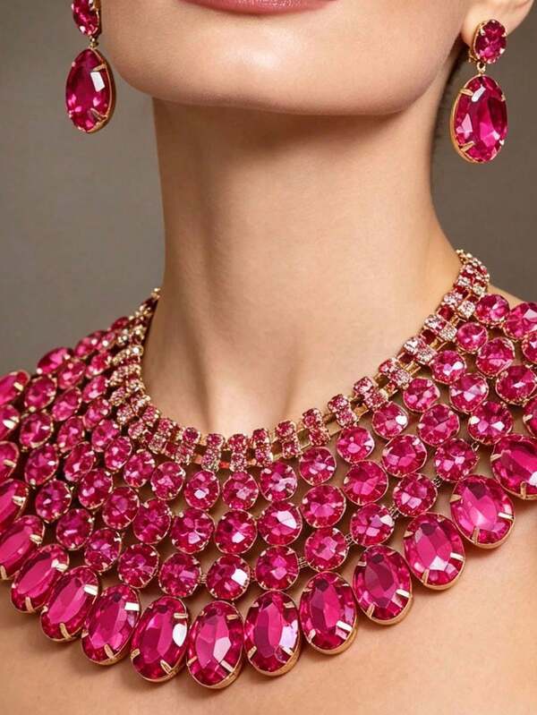 3pcs/Set Fashionable Elegant Geometric Rhinestone Necklace & Earrings Jewelry Set, Suitable For Wedding, Banquet, Party