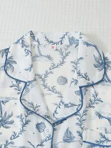 2件組女款舒適椰子樹與小船印花短袖領口上衣及蝴蝶結短褲睡衣套裝，春夏款 - 藍色 - 查看 4