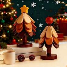 Set Alas Piring dan Tatakan Gelas Kayu Pohon Natal, Tahan Panas, Dekorasi Meja Natal untuk Rumah, Cocok untuk Bufet - View 1