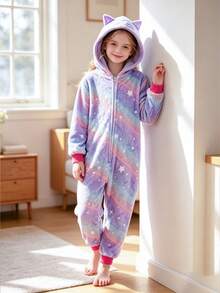 Tween Girl Purple Starry Sky Cat Ear One-Piece Loungewear - Multicolor - View 2