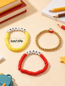 3pcs/Set Letter Beaded Bracelet Apple Pendant Layered Wear Gift Jewelry Set Back To School Teacher's Day Gift - one-size - View 3
