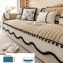ALPLUME 1pc Asymmetrical Wavy Edge Pom Pom Design Sofa Cover, Soft And Comfortable Fabric, All-Season Universal Sofa Pad, Non-Slip, Wear-Resistant, Pet-Friendly, Short Plush, European Luxury Style, High-End, Timeless, Suitable For Living Room, Bedroom, Office And Other Occasions, Providing Warmth And Comfort For Home Decor - Khaki - View 16