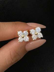 KAHOOT 1 Pair Exquisite 925 Sterling Silver Moissanite Earrings, Delicate Floral Design, Suitable For Daily Wear, Dating And Vacation - Gold - View 4