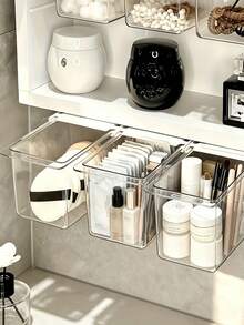 1/2/4pcs Large Capacity Transparent Pull-Out Plastic Storage Boxes For Cabinet, No-Drill Hanging Transparent Drawer Storage Boxes, Bathroom Vanity Cotton Pad & Cotton Swab Organizer, Dorm Kitchen Holiday Desktop Storage Boxes - Multicolor - View 10
