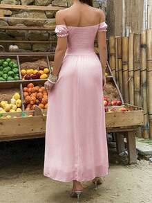 Women's Elegant Pink Off-Shoulder Short Sleeve Fitted Dress With Slit Design, Perfect For Formal Occasions Or Bridesmaid Dress - Pink - View 4