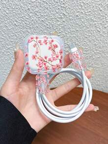 3pcs Set Data Cable Charger Protective Cover UC Painted Pink Flower Pattern Suitable For UK Standard Apple Fast Charger 20W UK Charger Use Anti-Break Charger Protector - Multicolor - View 7