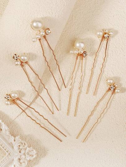 6pcs Faux Pearl & Rhinestone Decor U-Shaped Hair Pin Set, Elegant Bridal Wedding Hair Accessories For Women
