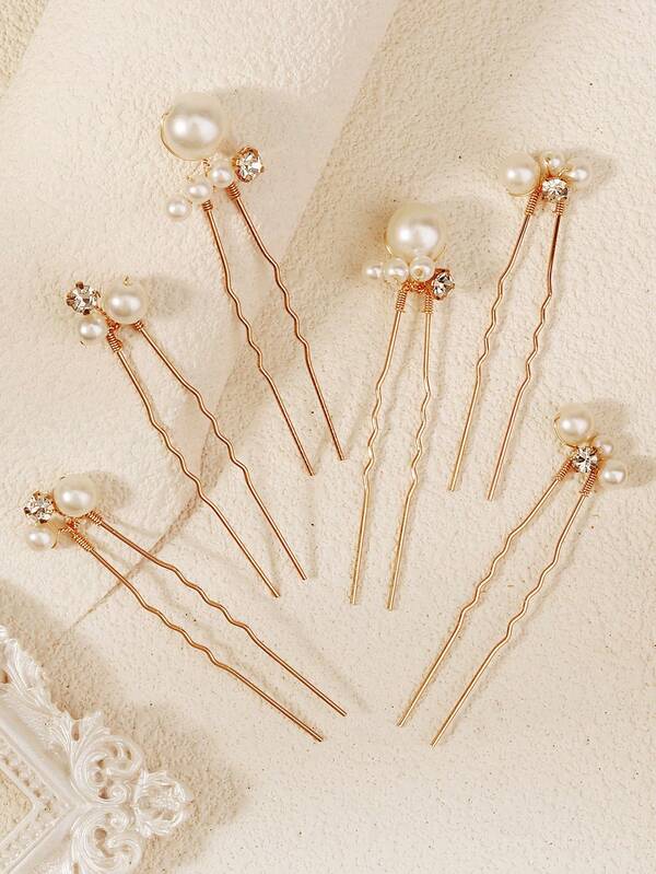 6pcs Faux Pearl & Rhinestone Decor U-Shaped Hair Pin Set, Elegant Bridal Wedding Hair Accessories For Women