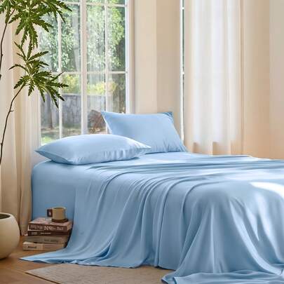 Bamboo Blend Bed Sheet Set-Flat Sheet, Fitted Sheet And Pillowcases, Luxury Breathable Sheet Set, Ultra Soft Sheet For Hot Sleepers, Deep Pocket, King/Queen/Full/Twin