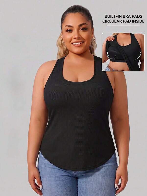 1pc Plus Size Ribbed Racerback Tank Top, 2-In-1 Built-In Padded Bra, High Elasticity, All-Season Sleepwear, Home Wear, No Bra Needed, Yoga, Slim Fit, Versatile Layering, Outerwear, Base Layer Top