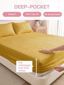2/3pcs Solid Color Fitted Sheet Mattress Protector Mattress Cover Deep Pocket Bed Sheet Soft Breathable Suitable For All Bed Sizes Twin/Full/Queen/King 9-12inch/25cm Deep Pocket Machine Washable Mustard Yellow - Mustard Yellow - View 4