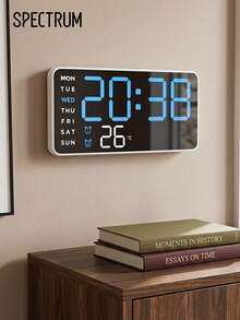 Digital Wall Clock, Large LED Display Clock With Temperature, Date, Weekday, Dual Alarms, Auto Dimming, USB Powered, Modern Wall Mounted Desk Clock For Home Office Bedroom Living Room - White and blue. - View 1