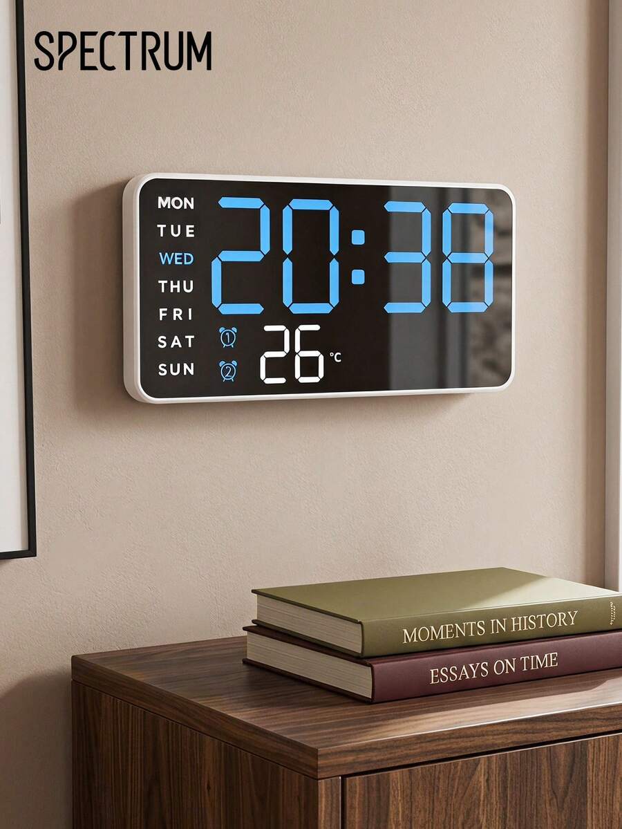 Digital Wall Clock, Large LED Display Clock With Temperature, Date, Weekday, Dual Alarms, Auto Dimming, USB Powered, Modern Wall Mounted Desk Clock For Home Office Bedroom Living Room - White and blue. - View 1