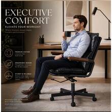 Home Office Desk Chair, Ergonomic Leather Computer Chair With Wheels And Oak Armrests, Height-Adjustable Swivel Executive Chair WL - 黑色 + 真皮 - 查看 3
