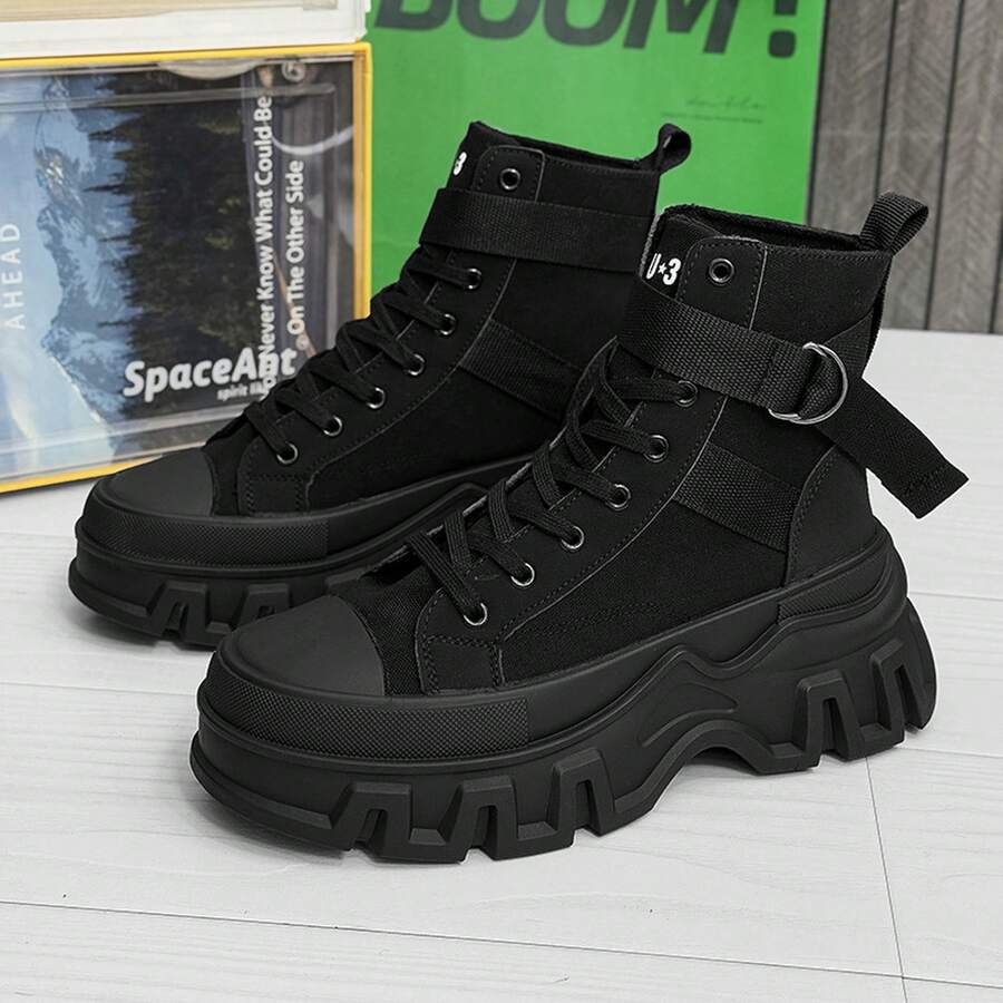 Men High-Top Leather Riding Boots - All Black Height Increase - View 1