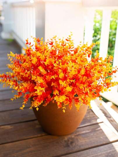 1pc/6pcs/12pcs Artificial Autumn Eucalyptus Floral Bouquet For Outdoor Decoration, Realistic Silk Orange Boxwood Greenery, UV Resistant, Suitable For Residential Porch, Patio Planter Decoration, Autumn Garden Decor, Outdoor Garden, Indoor Tabletop, Thanksgiving, Harvest Theme Decor