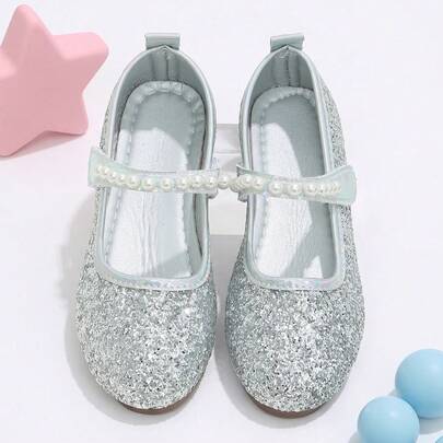 女の子用 シルバーグリッター パールバックル メリージェーンシューズ、ソフトで光沢のあるプリンセスシューズ、オールシーズン対応、パフォーマンスとフォーマルドレスに適しています