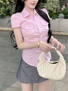 Summer Stylish Pink Striped Short Sleeve Shirt, New Design Slim Fit Blouse For Women - Pink - View 6