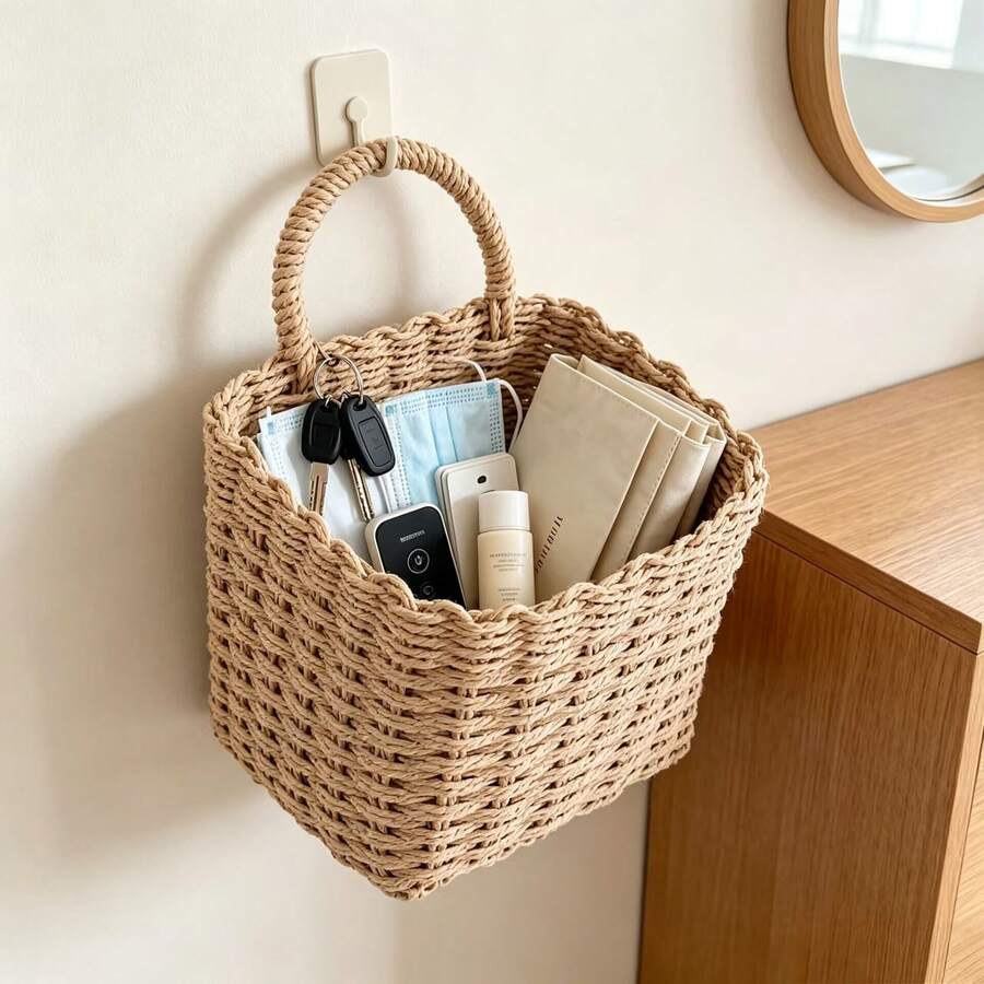 3/1pc Handmade Woven Hanging Storage Basket, Wall-Mounted Storage Basket, Floral Decorative Basket, Suitable For Kitchen, Home Decor, Wedding, Patio, Modern Bohemian Style Rope Woven Hanging Basket, Multi-Functional Wall-Mounted Storage Bucket