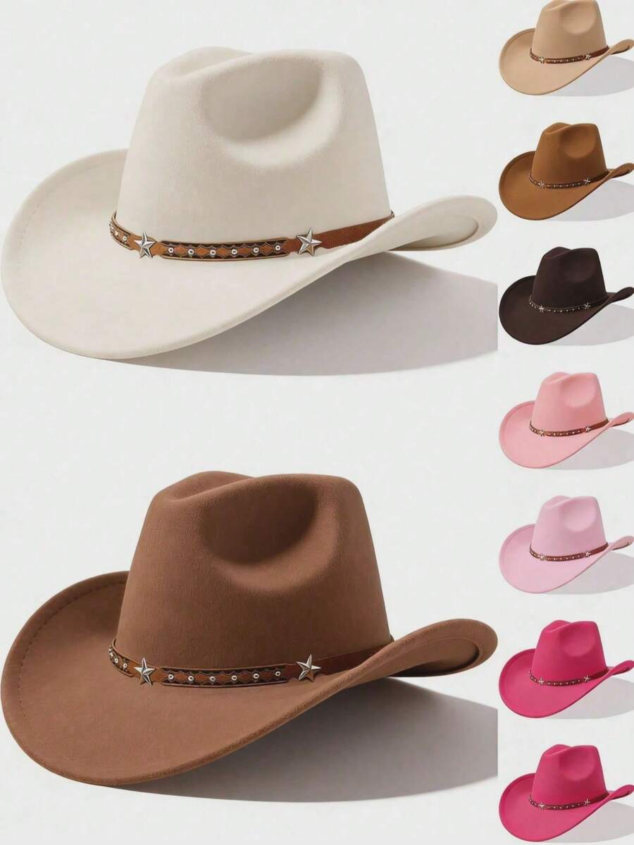 1pc/2pcs Western Cowboy Hat, Soft Wool Felt Material, Leather Band Decoration, Unisex, Suitable For School, Halloween, Festivals, Daily Casual Occasions - Multicolor - View 1