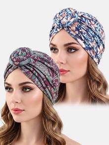 2pcs Women's Bohemian Snail Flower Headscarf Hat, Headwrap, Hair Protection Cap, Suitable For Daily Use - Multicolor - View 4